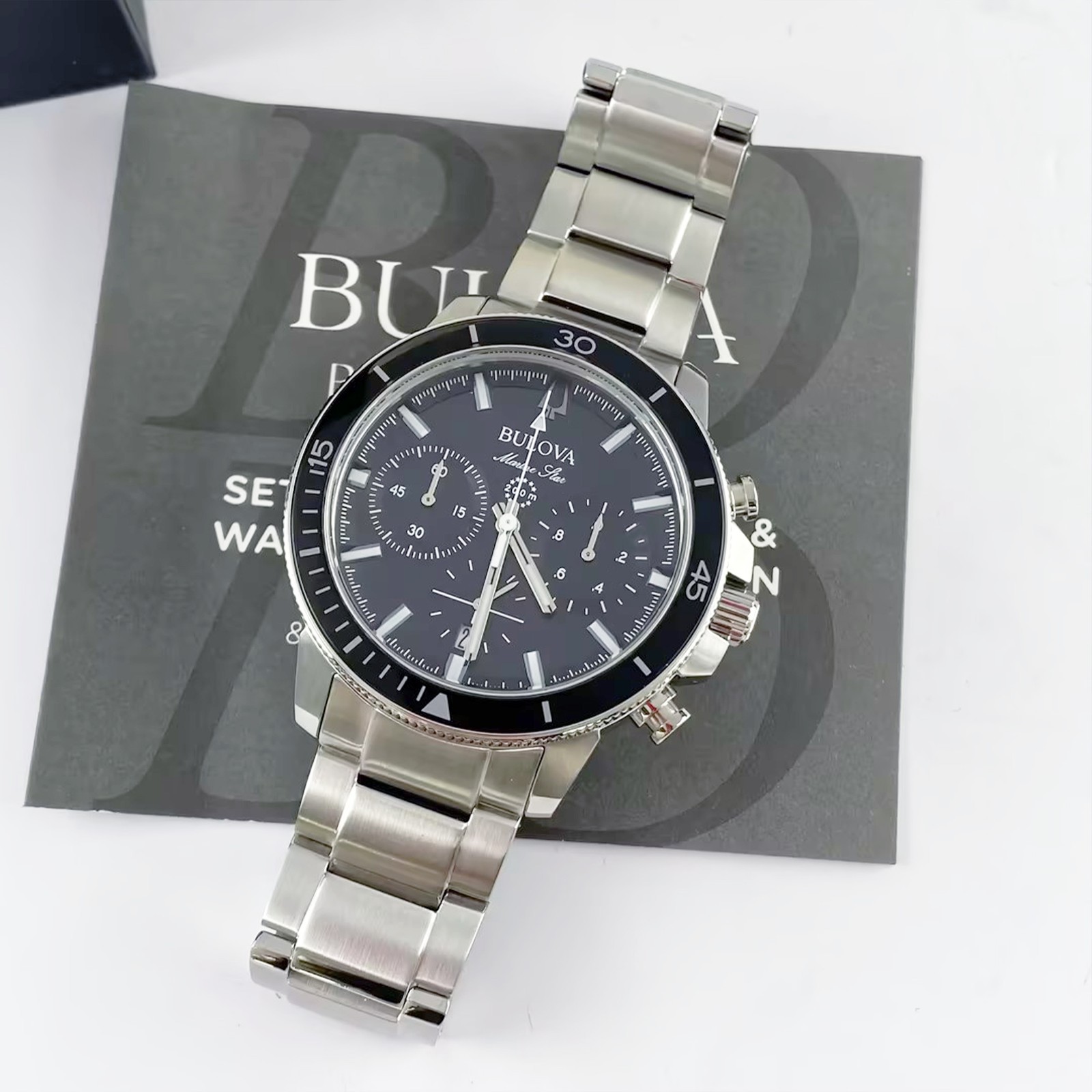 Bulova Marine Star C Men’s Classic 96B272 Black Dial Quartz Watch 45mm Steel