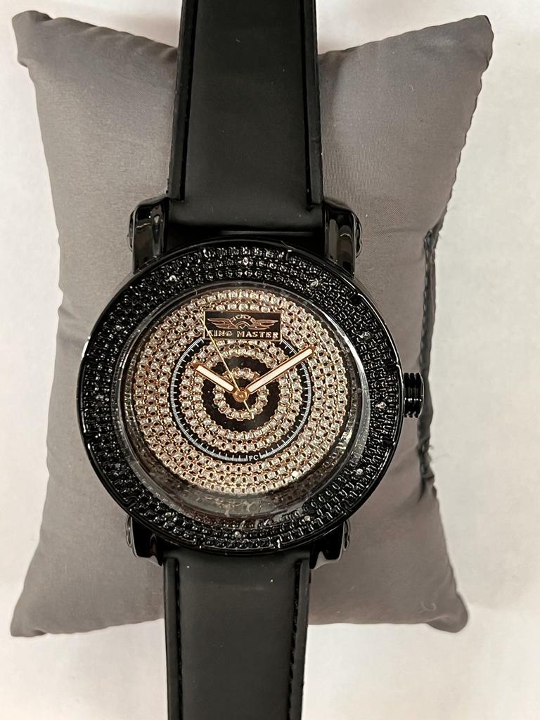 King Master Men’s Diamond Black and Gold Dial Black Leather Strap Watch