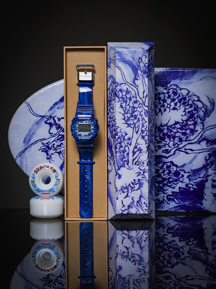 Subcrew x G-Shock DW-5600BWP-2PFS blue and white porcelain skateboard and wheel