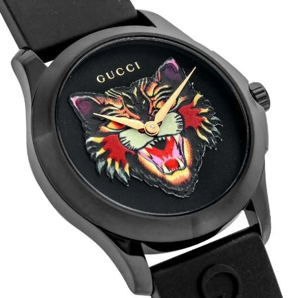 Gucci Tiger G-Timeless 38mm YA1264021A Black Motif Cat PVD Quartz Watch Excelent