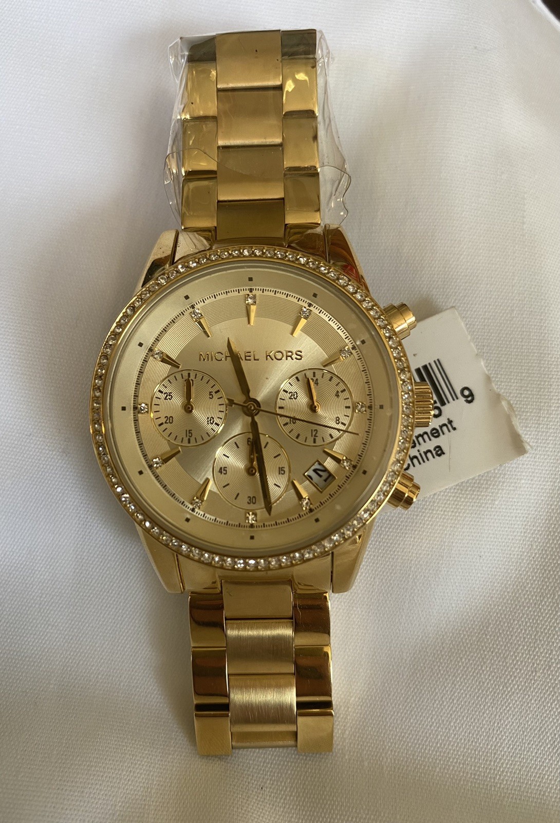 Michael Kors MK6356 Ritz Chronograph Gold Dial Women’s Watch Pave Crystal NWT