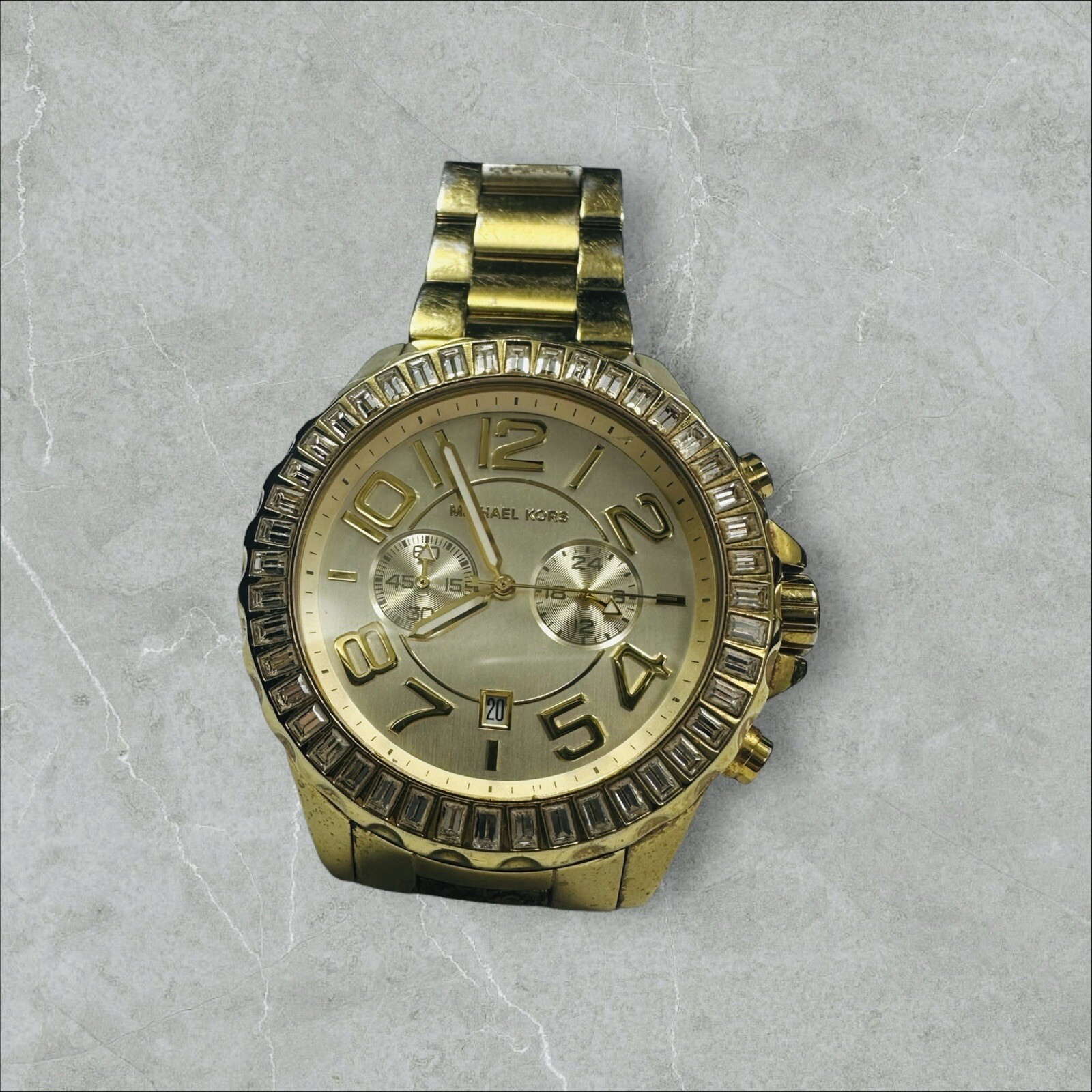Michael Kors Rox Gold Tone Baguette Crystal Gemstone Bracelet Watch MK5591 45mm