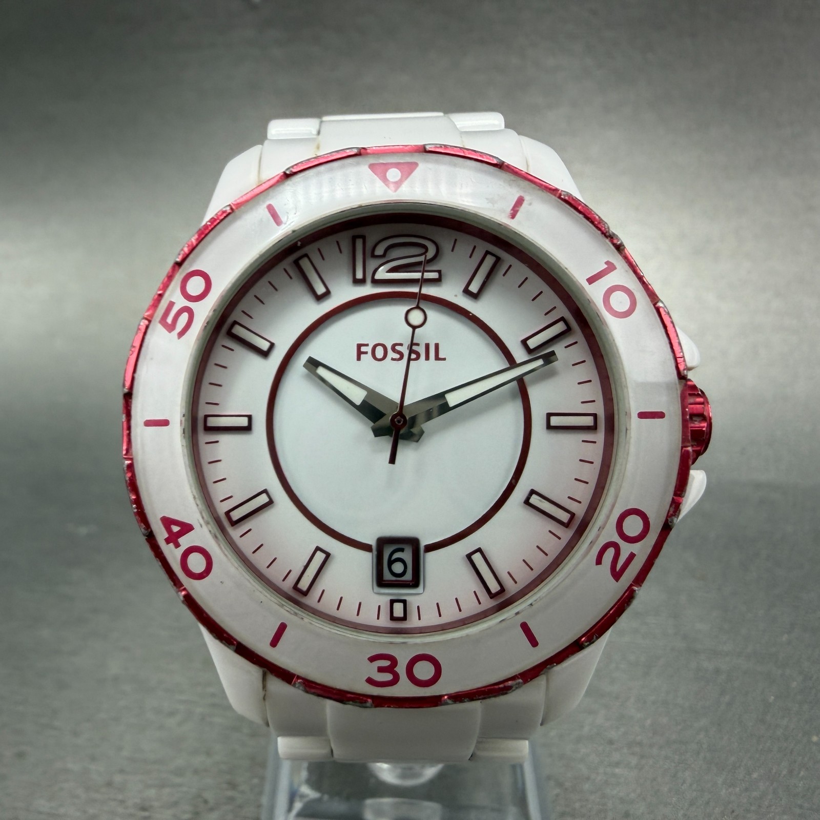 Fossil Watch Women 39mm White Dial White Ceramic Date Round CE-1051 New Battery