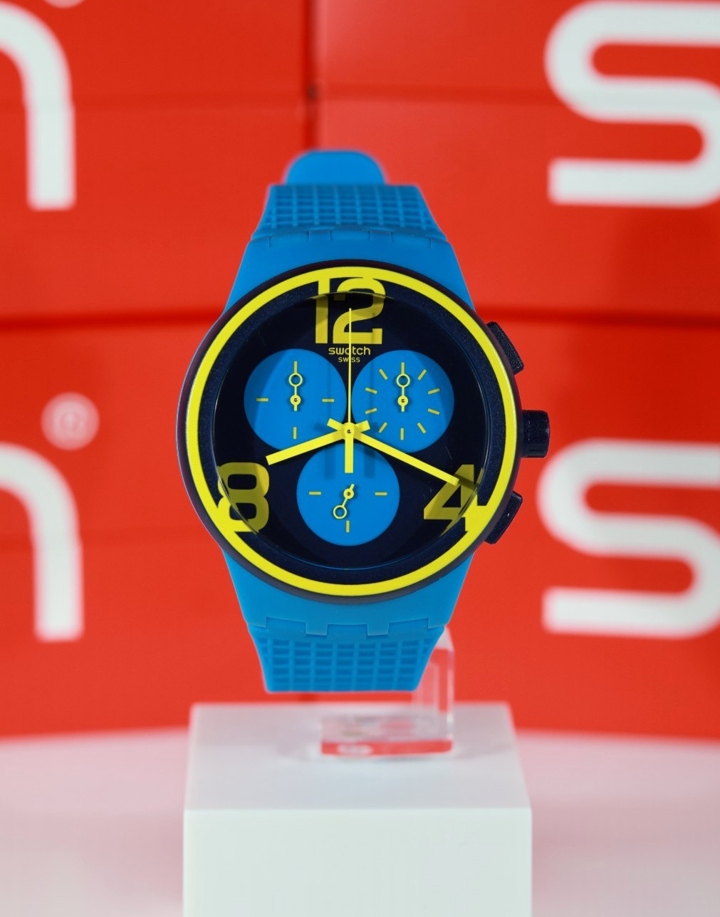 New Swiss Rare Limited Swatch On Your Mark Blue Yellow SUSS100 42MM Chronograph