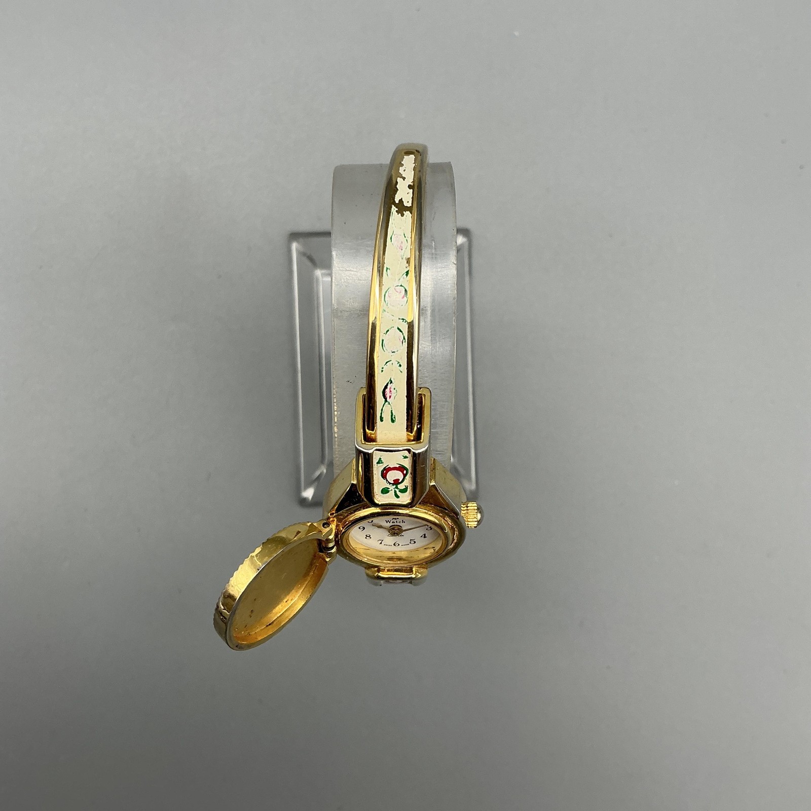 Vintage Swiss Womens Watch 14mm Gold Tone Enamel Floral Bangle New Battery