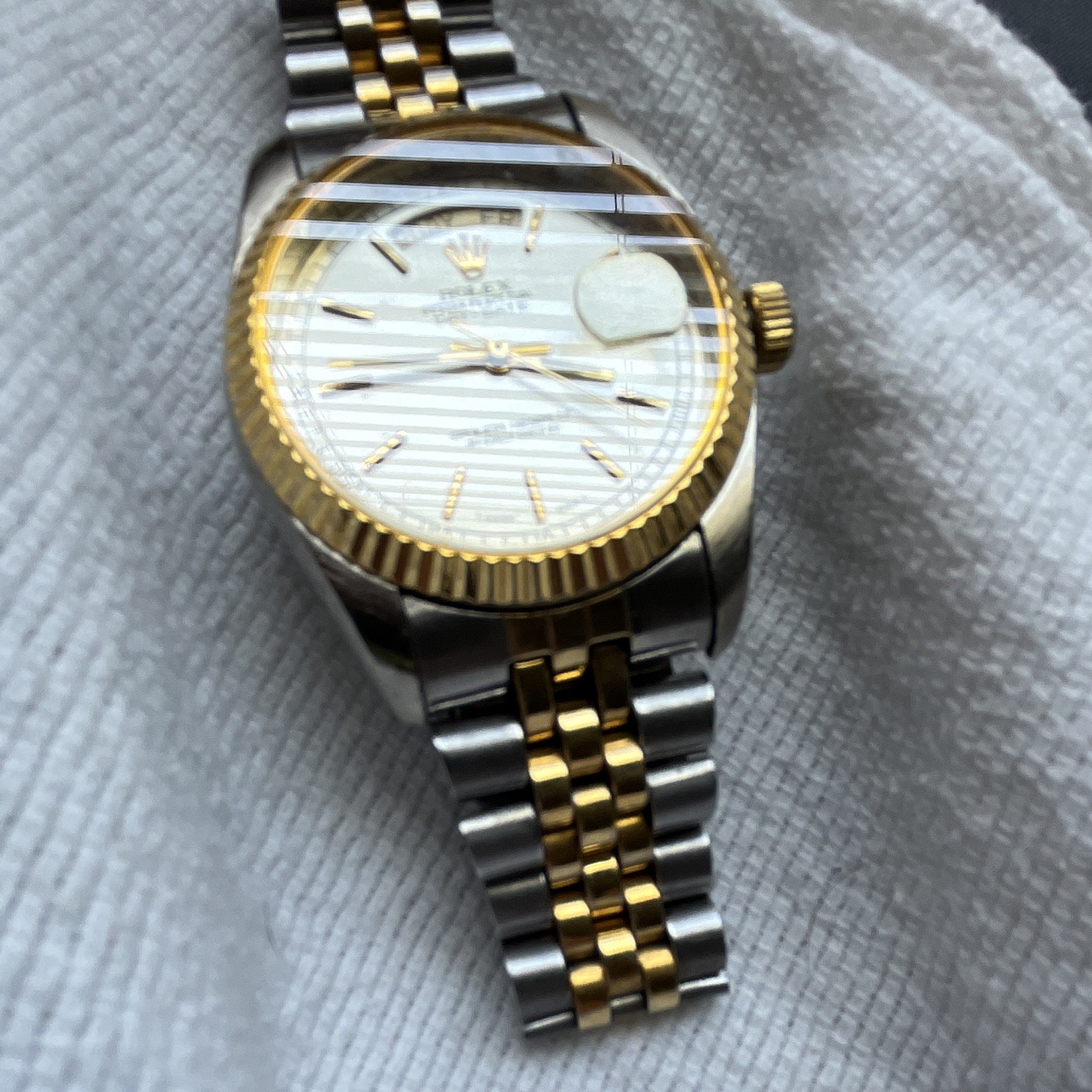 Rolex Day-Date Automatic Two-Tone Fluted Gold Bezel Silver Dial Day/Date