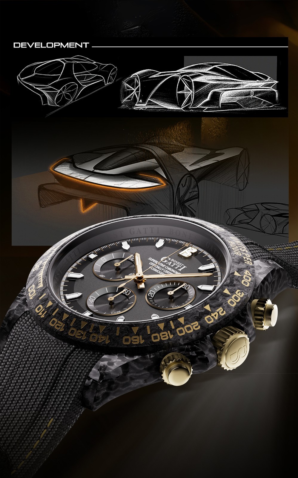 BONEST GATTI Men Chronograph Watch Automatic Mechanical Wristwatch Carbon Fiber