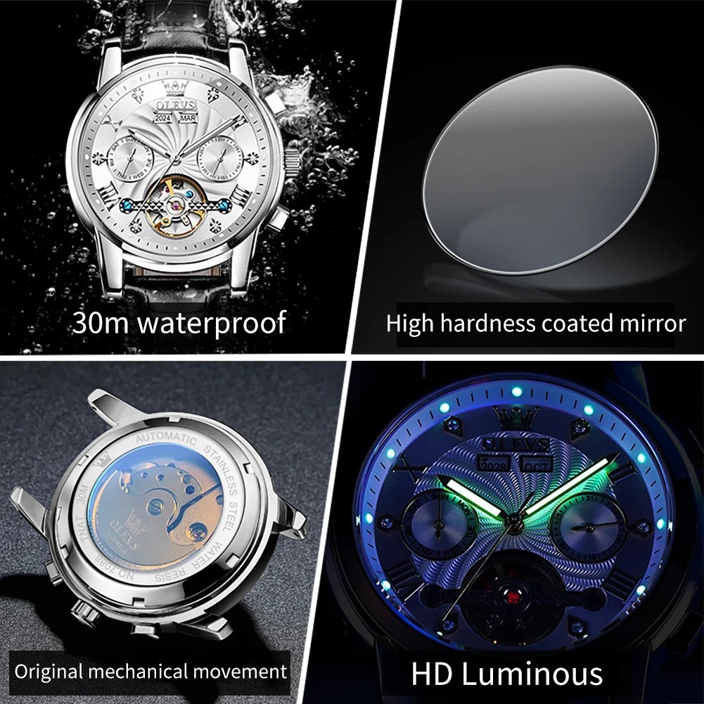 Automatic Mechanical Waterproof Watch Luxury Dial Leather Men Men’s Strap