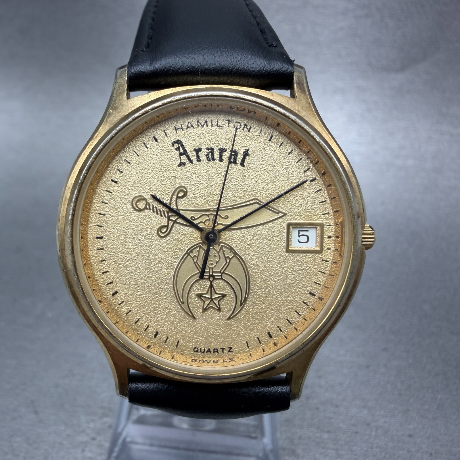 Hamilton Masonic Watch Men 34mm Gold Dial Gold Tone Date Round 9812 New Battery