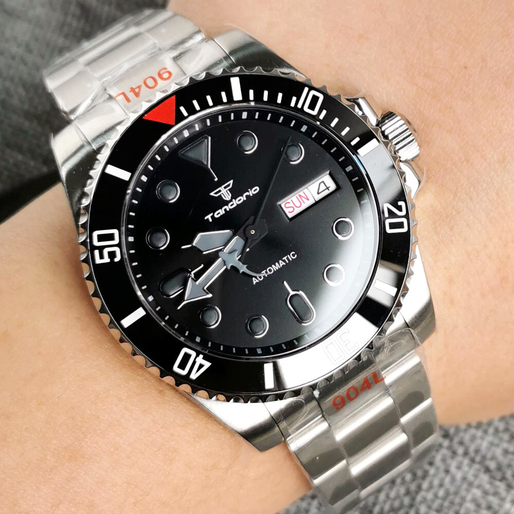 Tandorio 40mm Black NH36A Automatic Mens Watch Date Sapphire Glass Oyster Strap
