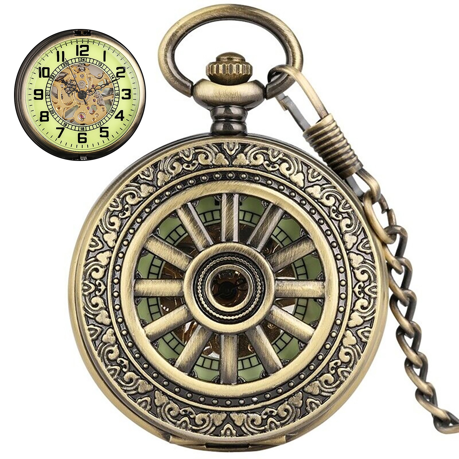 1 PC Vintage Mens Hand Winding Mechanical Movement Skeleton Pocket Watch