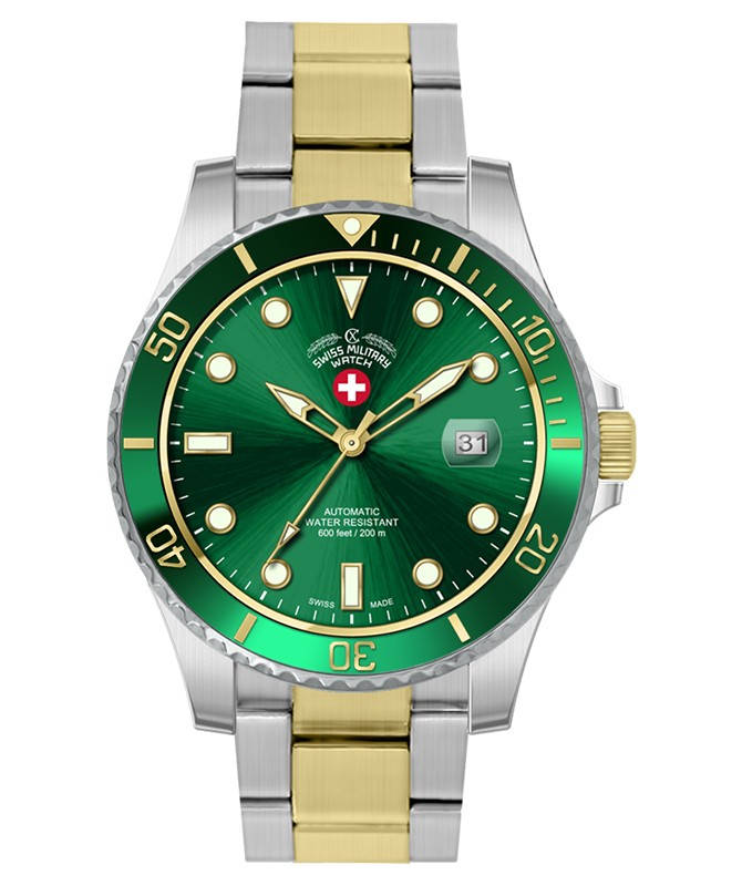 CX Swiss Military Invincible Diving Watch ETA Auto 2 Tone 20ATM Green Dial 3013