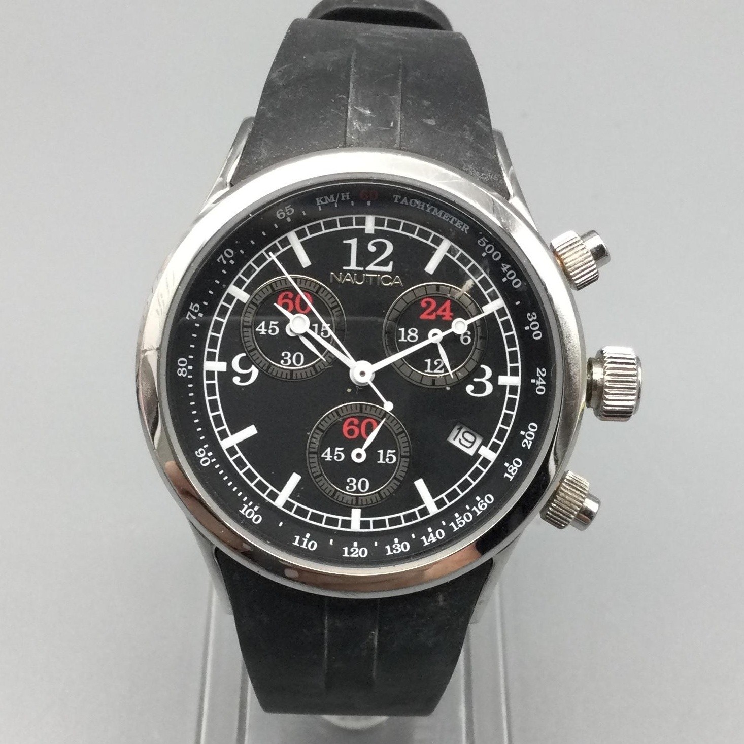 Nautica Mens Watch 34mm Black Dial Chronograph Tachymeter N13534 New Battery
