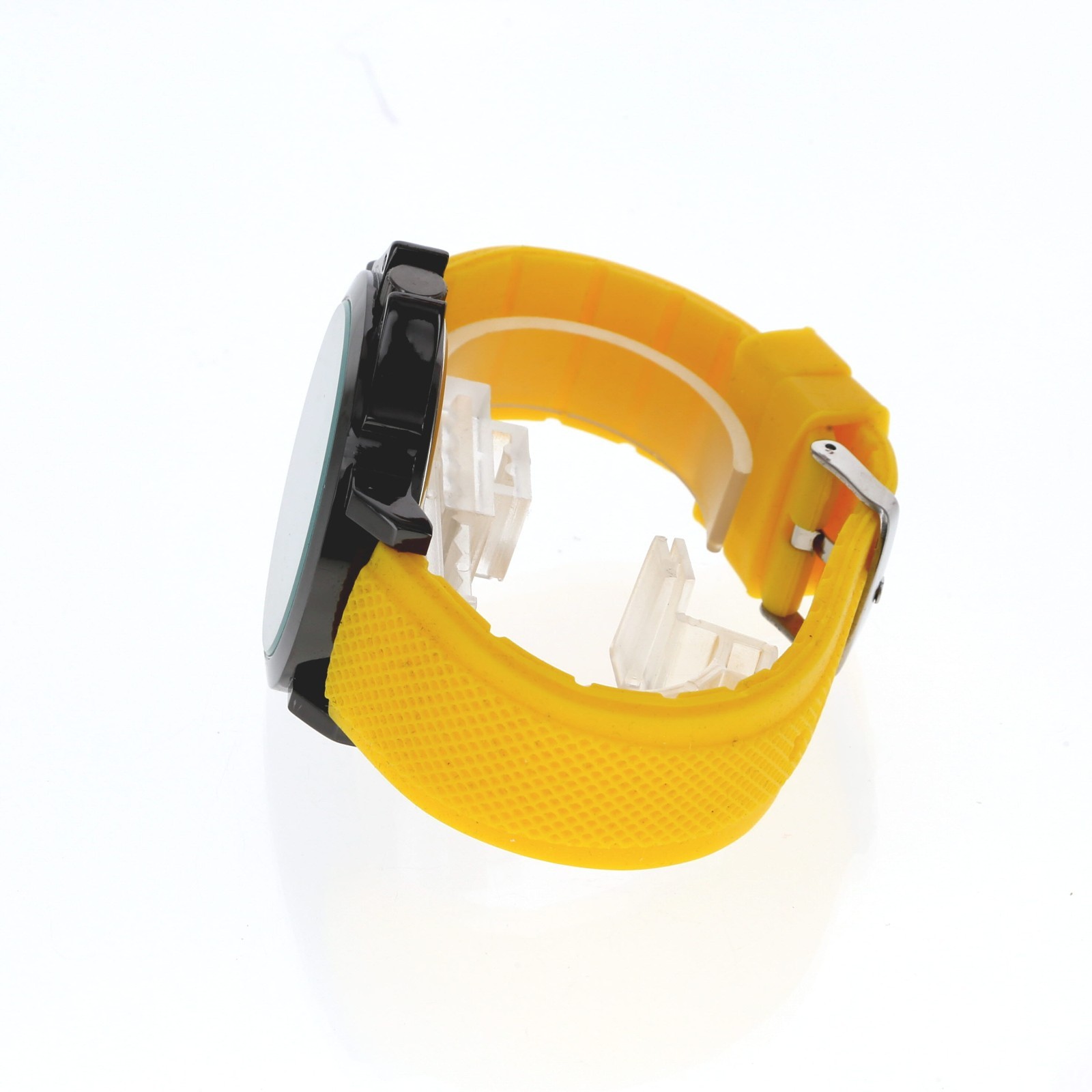 Geneva Black Finish Chronograph Style Quartz Watch Yellow Silicone Band Modern
