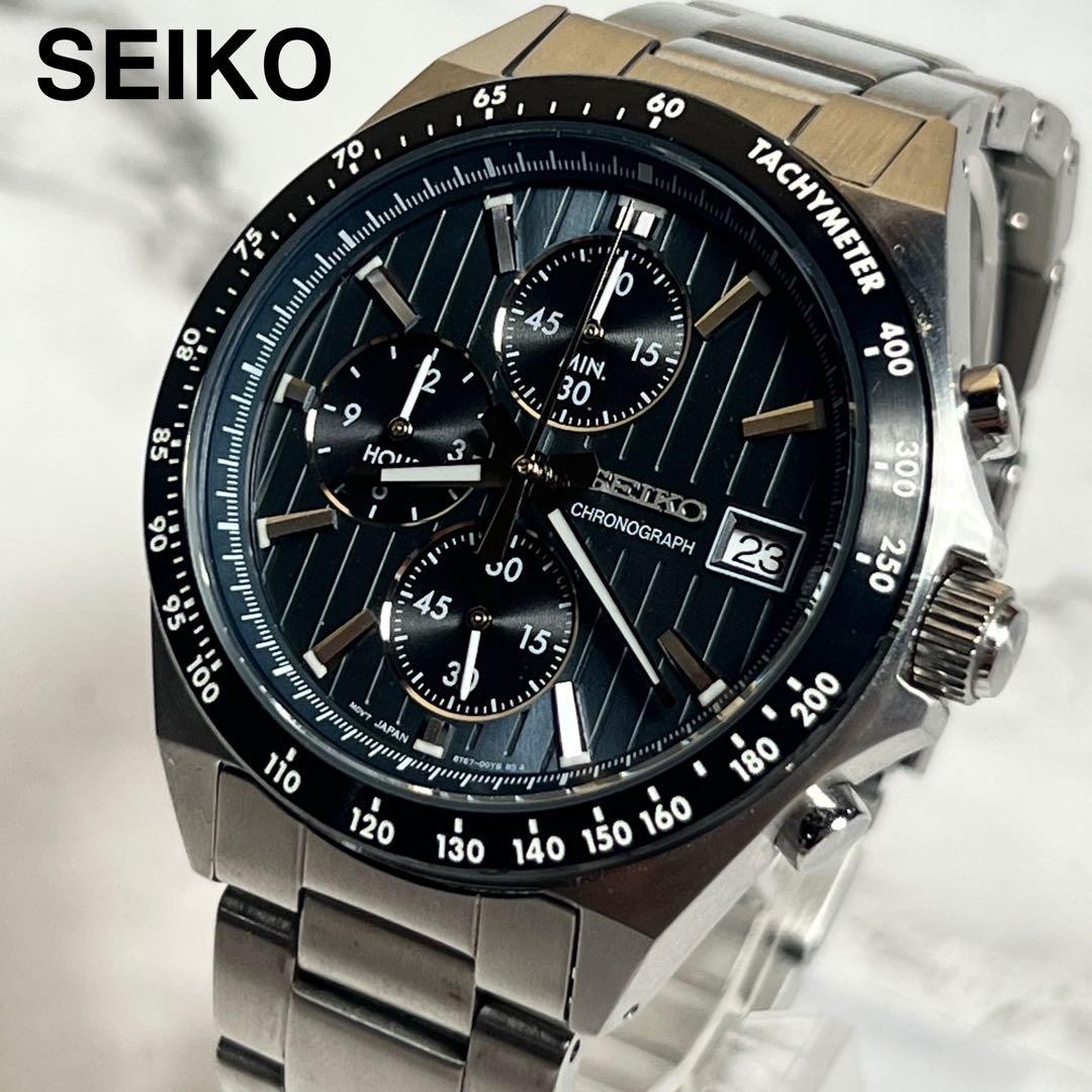 Working beautiful item Seiko chronograph 8T67 00Y0 men s wristwatch blue gray