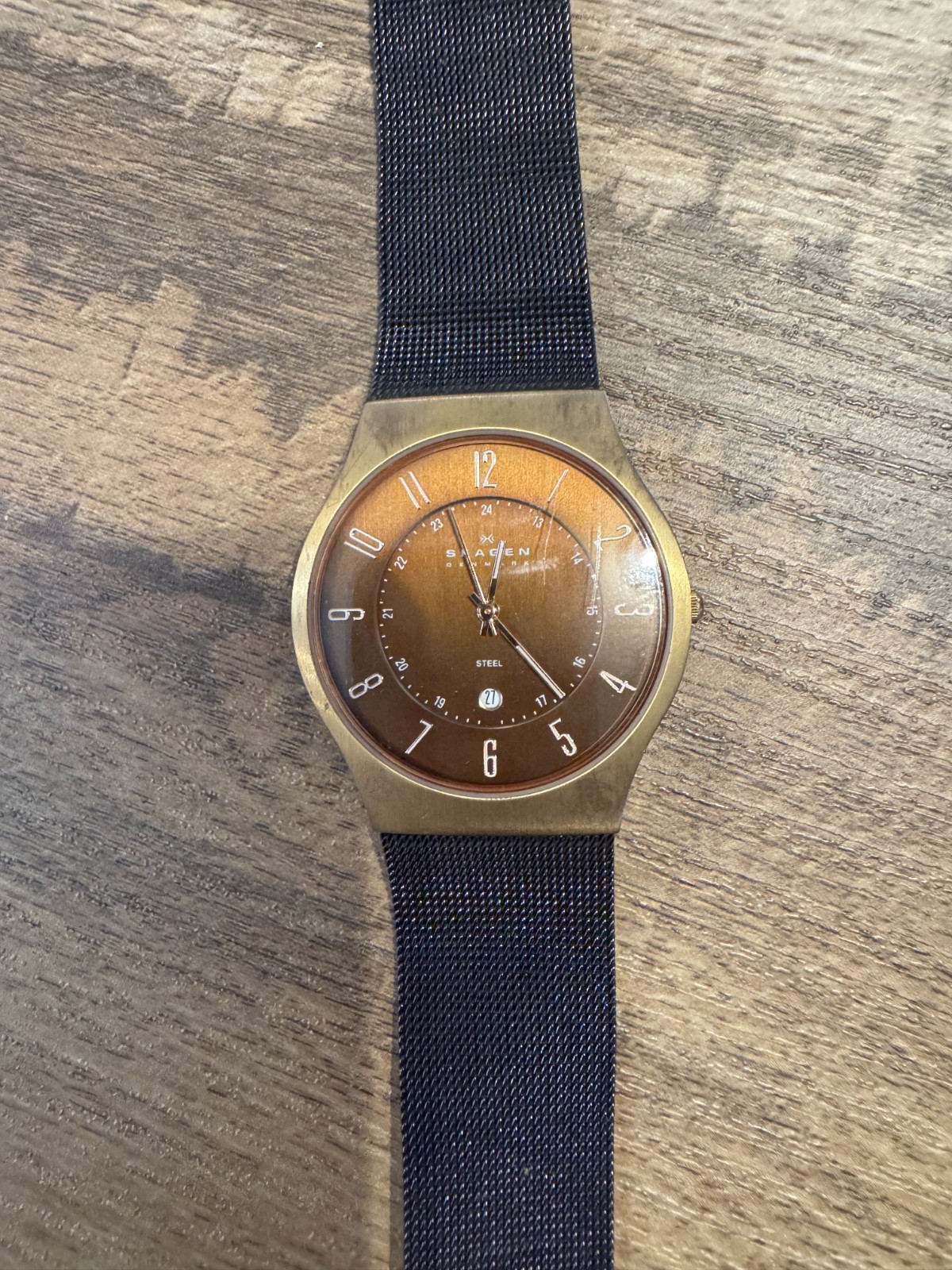 Skagen Mens Watch 36mm Rose Gold Steel Brown Dial Mesh Band 233XLRDD New Battery