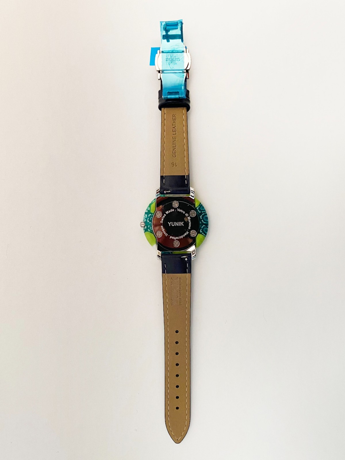 Yunik Handcrafted Murano glass 36mm watch genuine leather strap w/ safety buckle