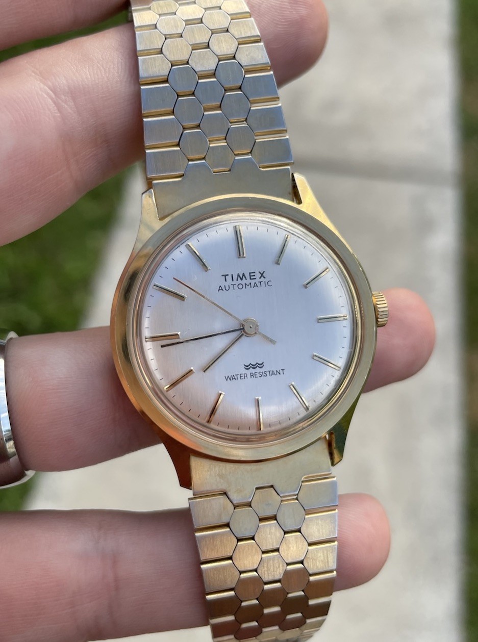 1981 VINTAGE Timex Automatic Gold Tone, ORIGINAL Bracelet, Champagne Dial RUNS