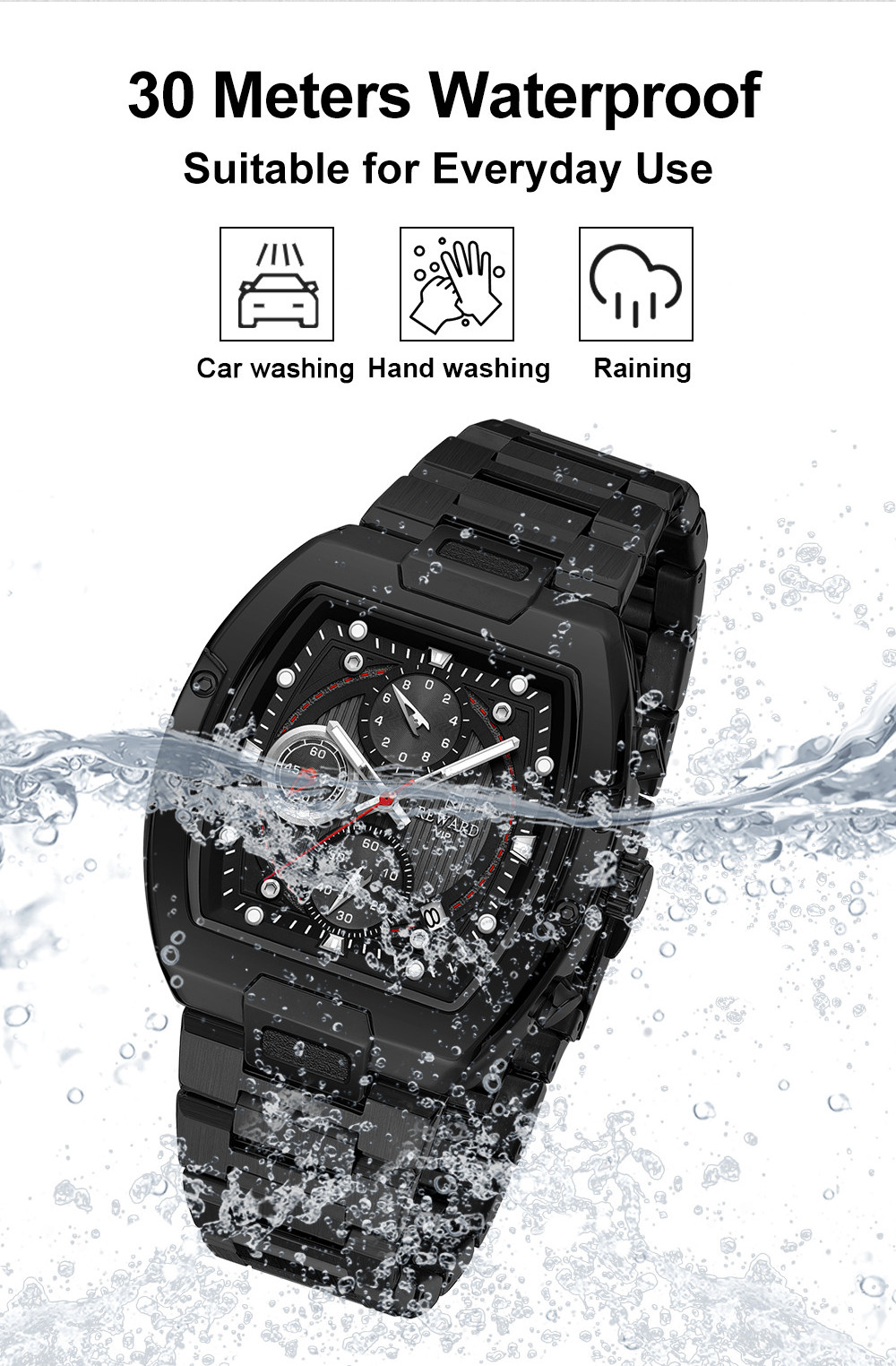 REWARD Men’s Tonneau Multifunction Chronograph Calendar Luminous Quartz Watch