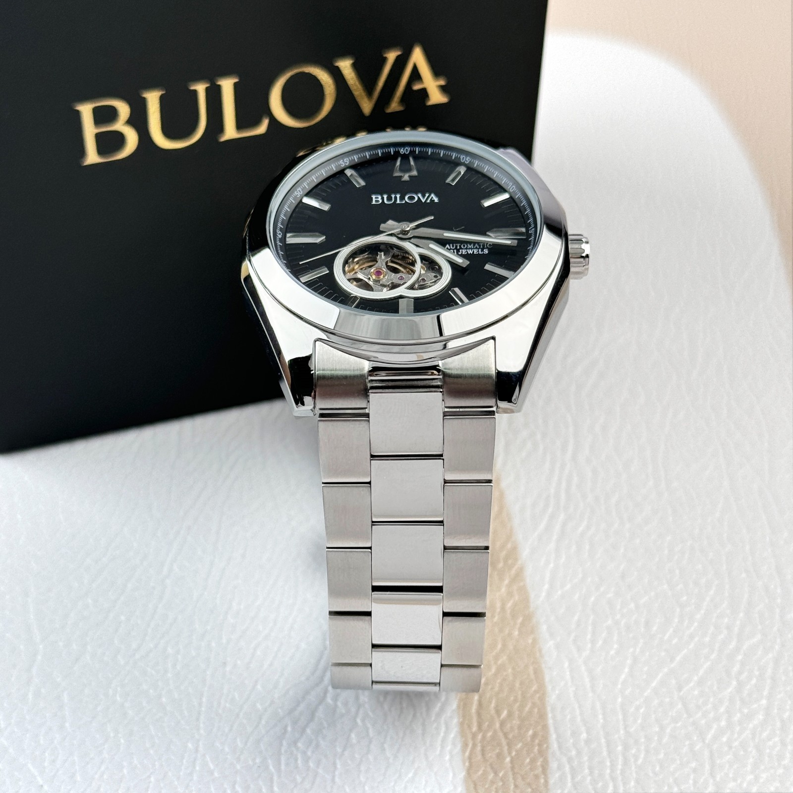 Bulova Men’s Classic Surveyor Black Dial Stainless Steel Automatic Watch 96A270