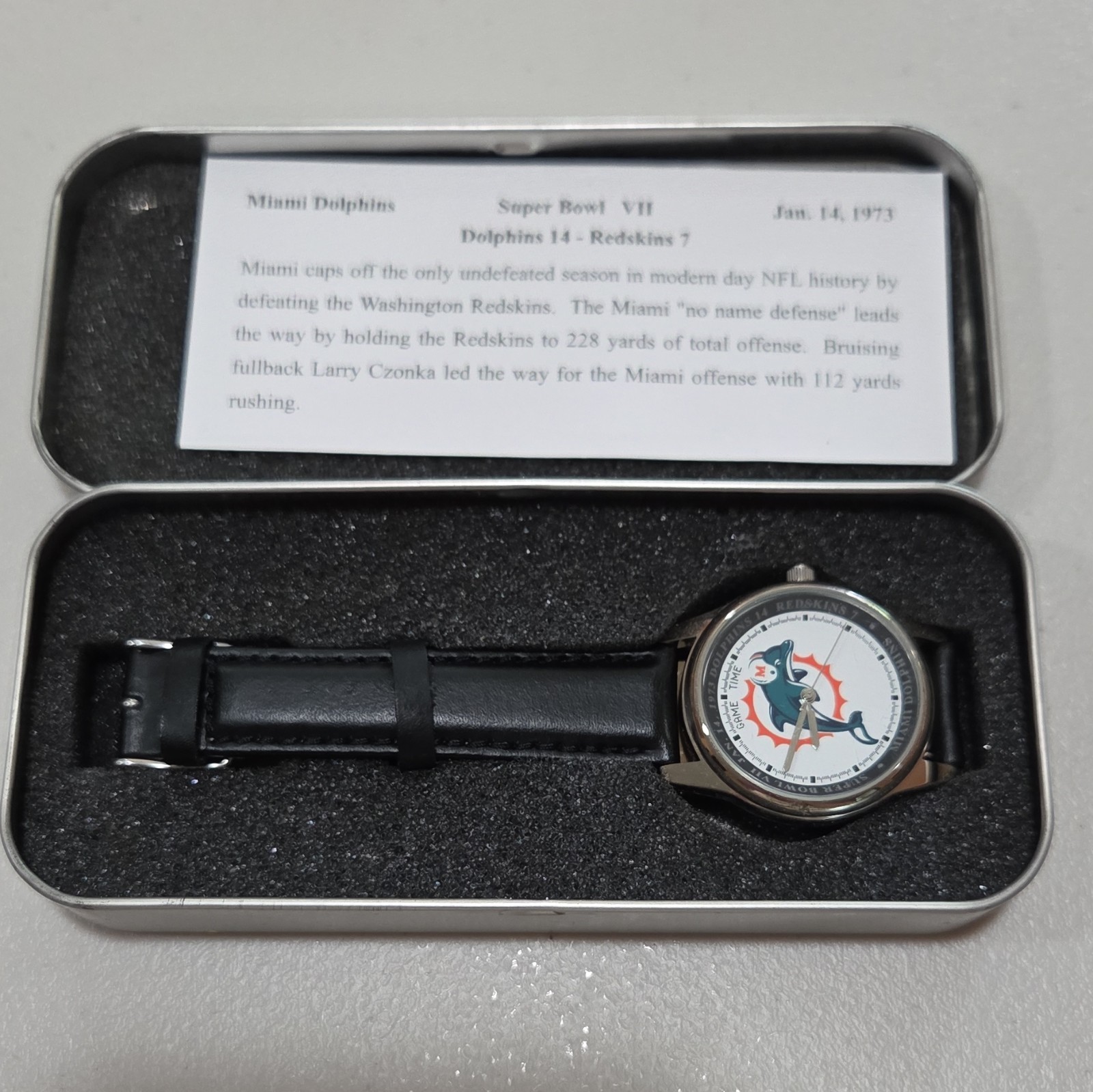 Game Time Miami Dolphins Super Bowl VII Quartz Analog 40mm SS Leather w Tin