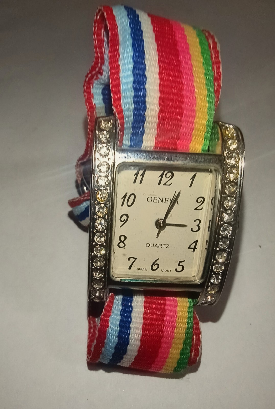 Geneva Quartz Women’s Rectangle Analog Watch Silver Case Multicolor Fabric Strap