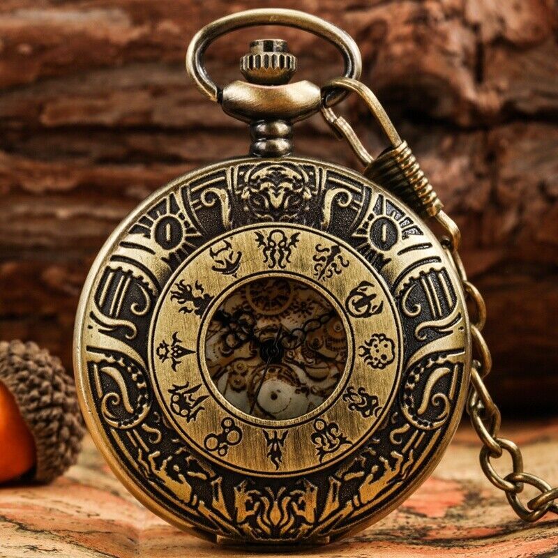 Old Fashion Half Hunter Gear Dial Unisex Quartz Pocket Watch Roman Number Chain