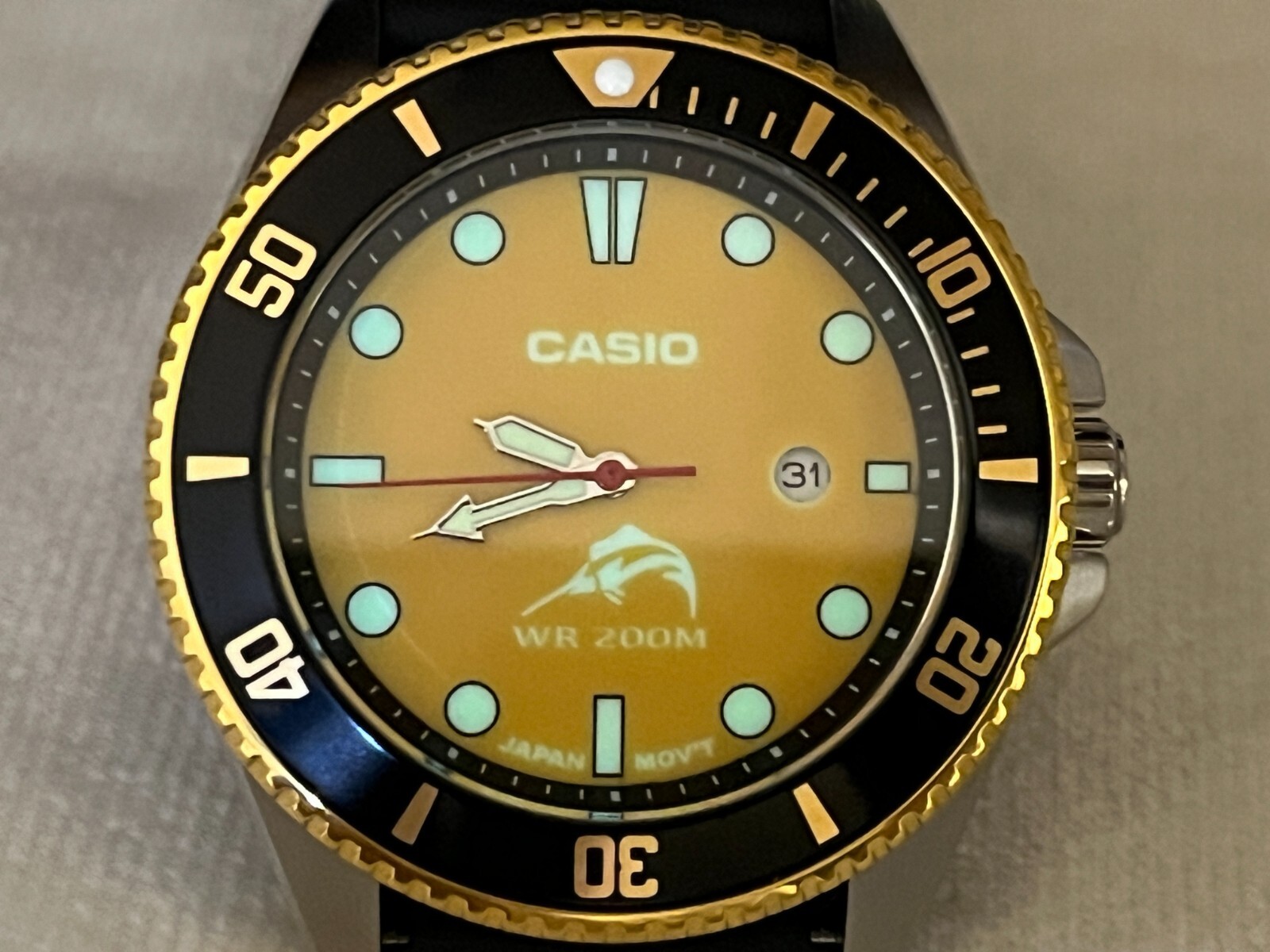 Watch Casio Duro MDV-106G- MOD Yellow Dial Luminous Green 200 Meter WR Date