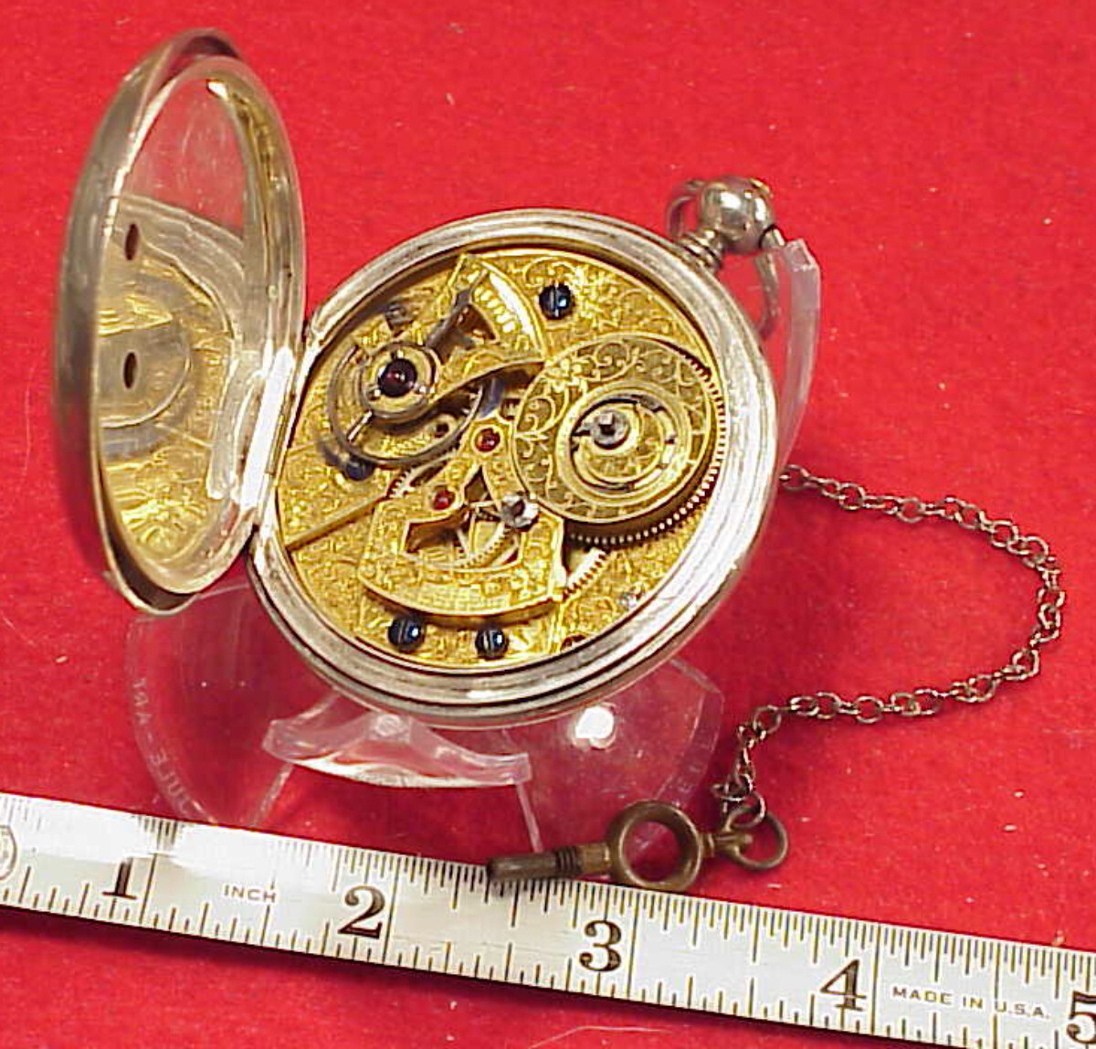 VINTAGE 55MM T JACOT BAT WING RUBY CRAB CLAW CHINESE DUPLEX SILVER POCKET WATCH