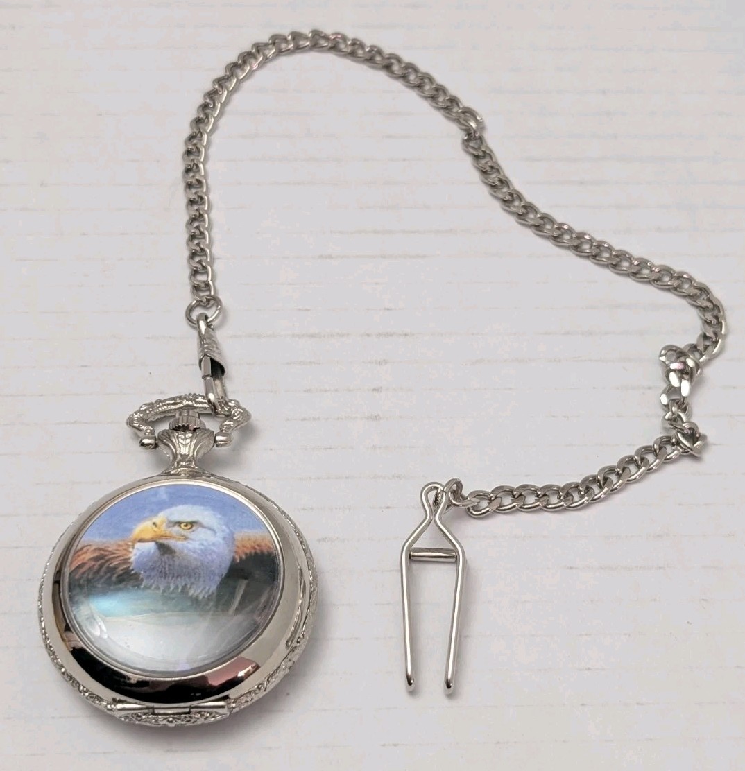 Quartz Silver Pocket Watch Eagle Design Multicolor Dial Includes Chain