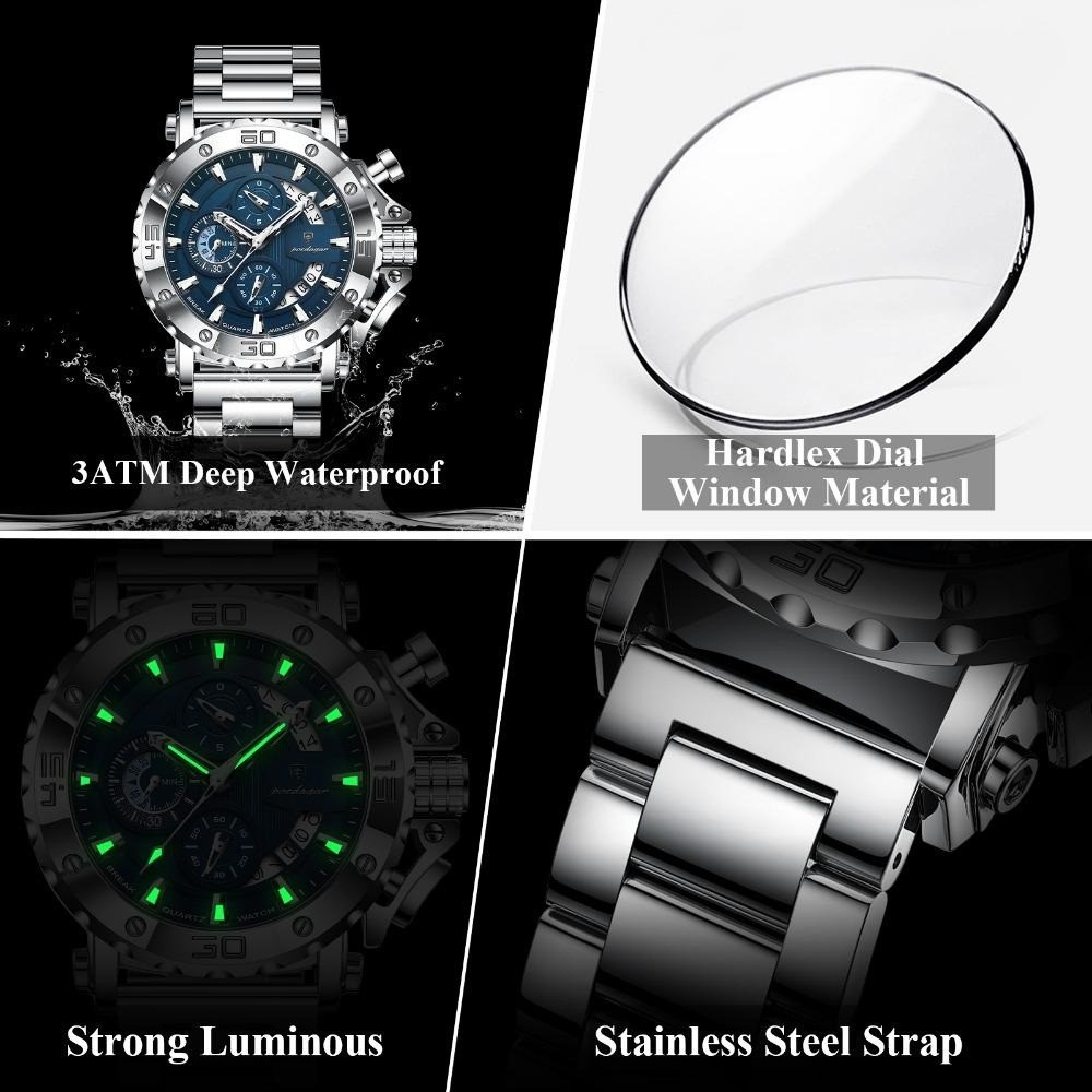 POEDAGAR Men Calendar Luminous Waterproof Stainless Steel Fashion Quartz Watch