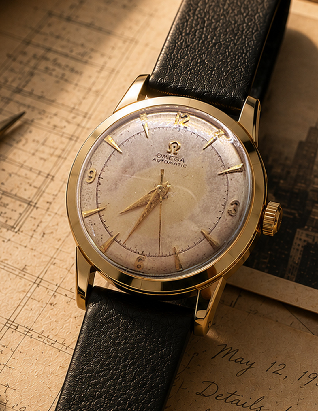 1954 Omega Serviced Automatic Bumper 17 Jewel Gold Filled Original Patina Dial