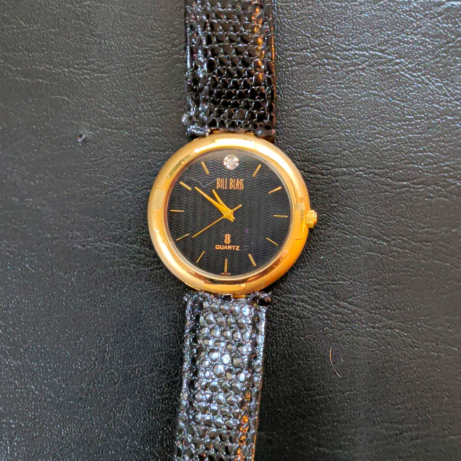 Bill Blass Vintage Quartz Analog Dress Watch Black Dial Gold Tone Leather