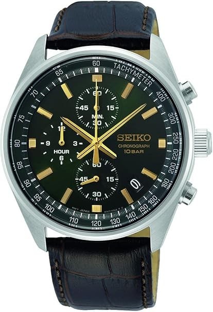 Seiko Mens Watch Chronograph Tachymeter Green Dial Brown Leather Strap SSB385P1