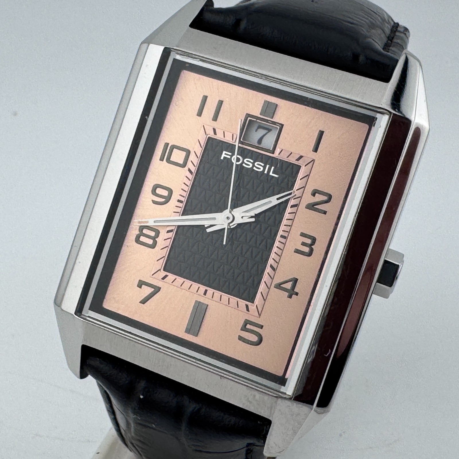 Fossil Quartz Watch FS-4407 Men 50m Silver Steel Leather Rectangle New Battery