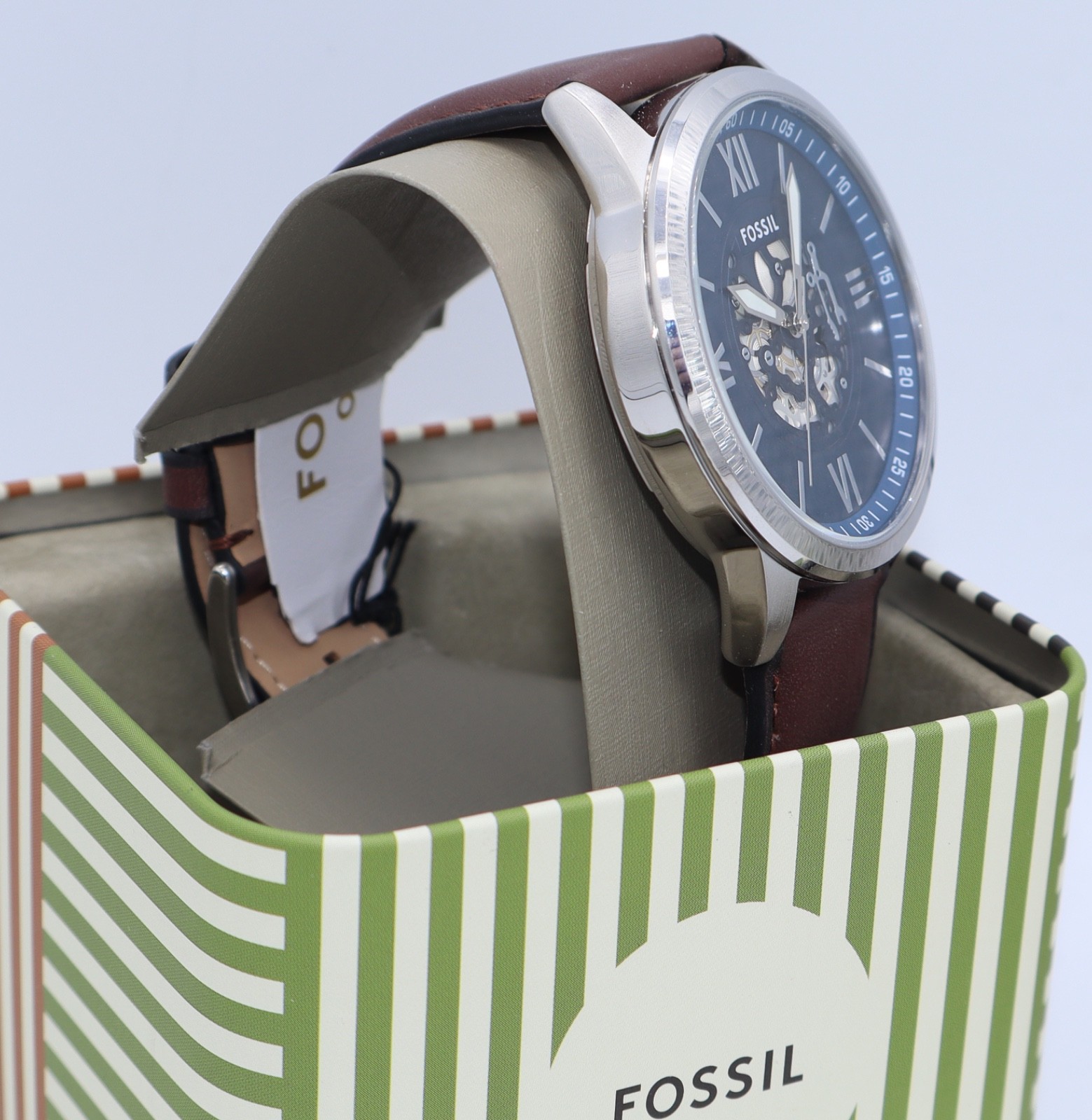 Fossil Flynn Silver Blue Brown Leather Skeleton BQM7128 Mens Watch