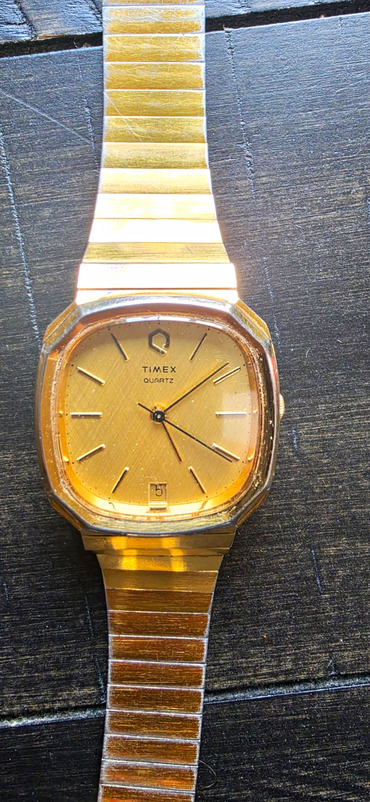 Timex Quartz Date Square Analog Dress Watch Two-Tone Gold Dial 18mm