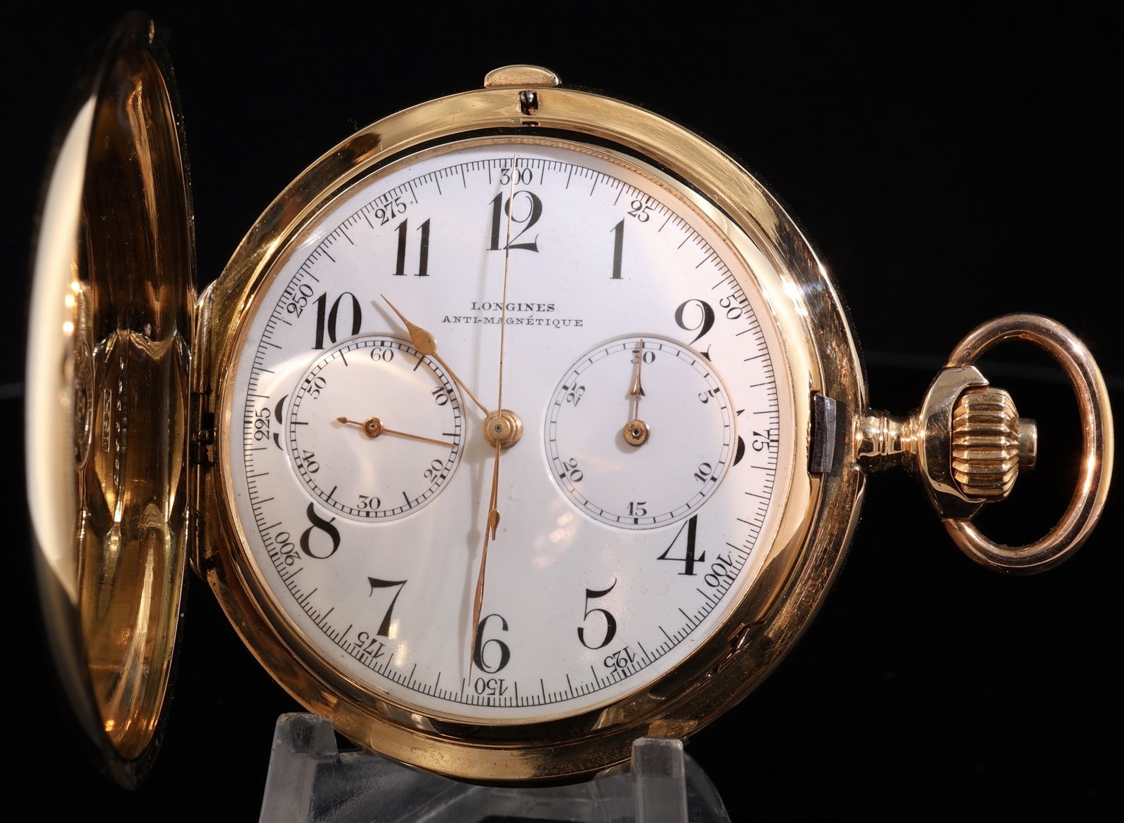 C.1913 Antique Longines Single Button Chronograph 18K Gold Hunter Pocket Watch