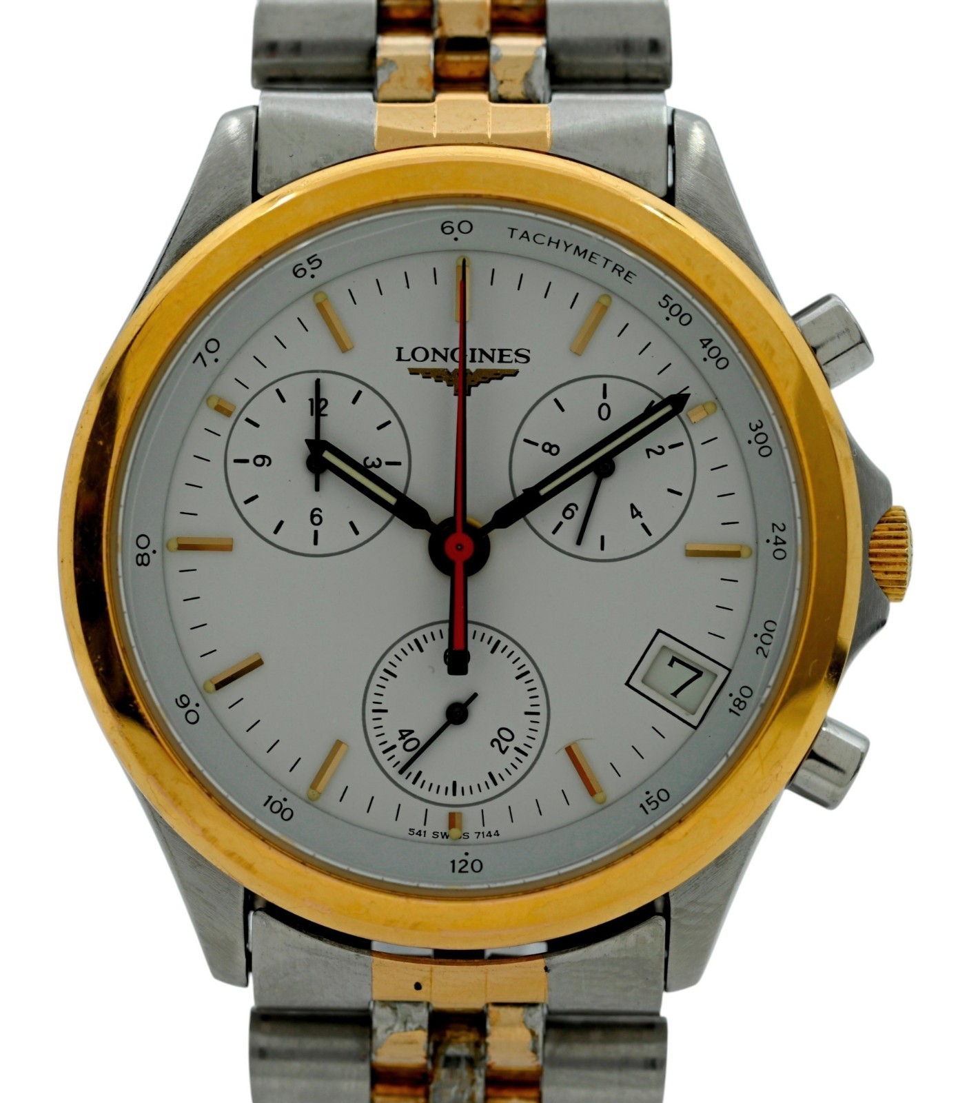 Longines 37mm Men’s Flagship Two Tone White Dial Chronograph Watch! Ref: 7144!