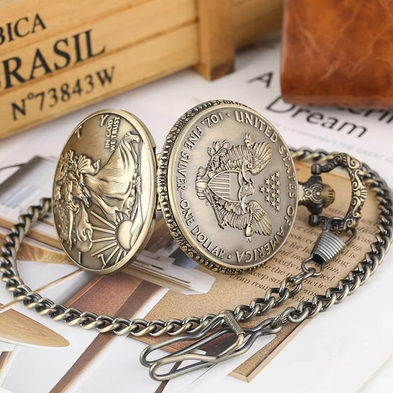 Antique Bronze Lady Liberty Pocket Watch Double Sided Face US Eagle Design