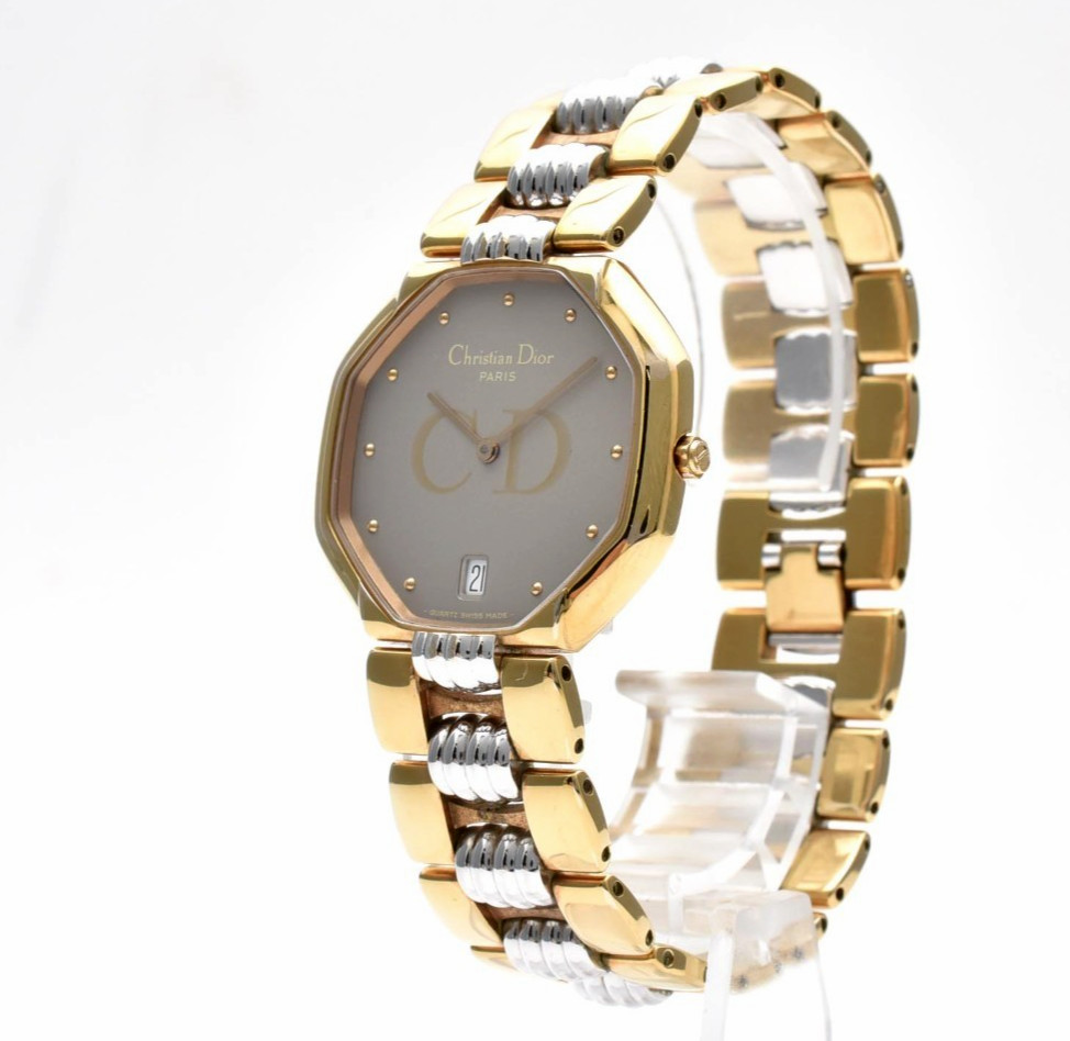 Vintage [N MINT] Christian Dior 45 134 Gold Gray Date 32mm Qz Unisex Watch JAPAN