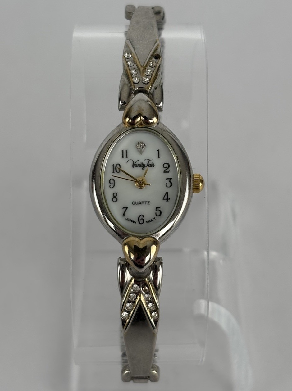 Vanity Fair 18mm Silver Tone Quartz Watch w/Gemmed Bracelet & New Battery