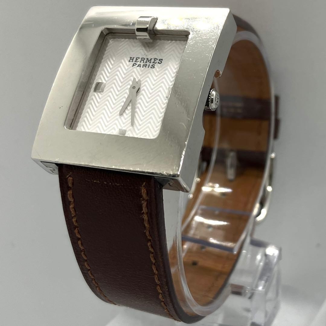 Hermes BE1.210 SS Quartz Watch Brown Leather Strap Extra Band Box Papers