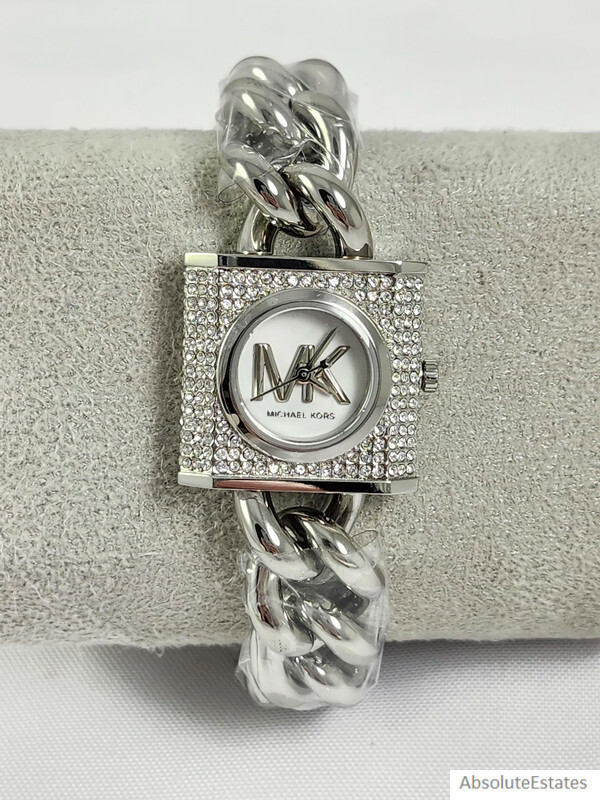 NEW Michael Kors Pave Silver Chain Lock Crystal Bracelet Watch $250 NWT