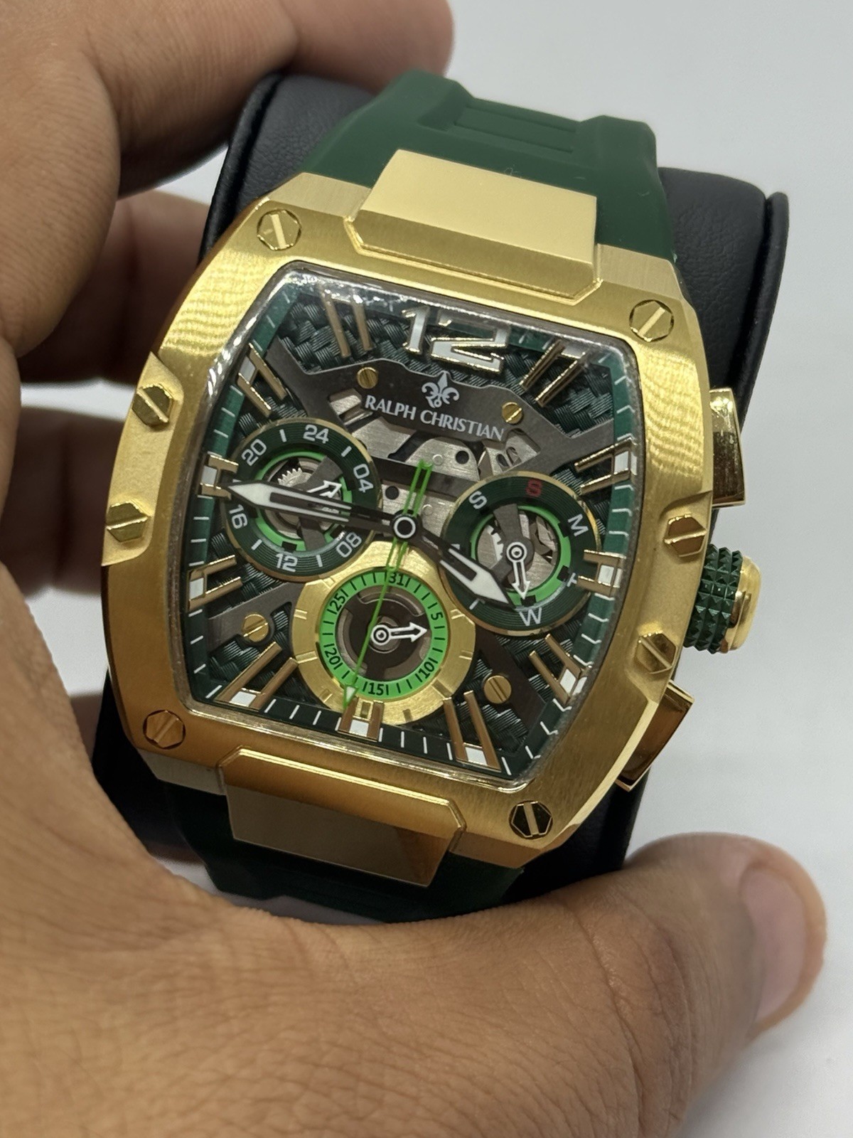 Ralph Christian Men’s Tonneau Quartz Green Dial Strap Gold Case Lume 5 ATM Box