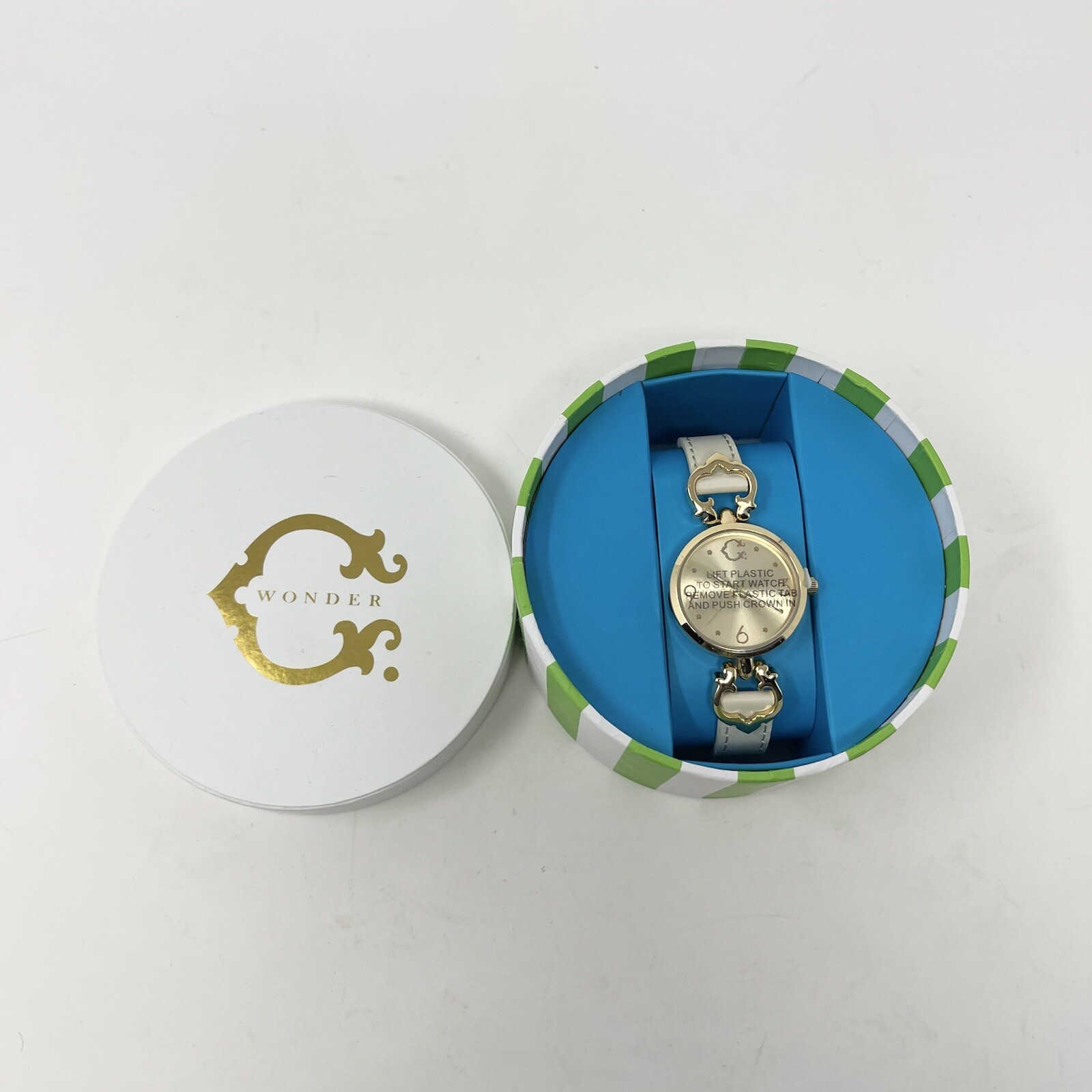 C Wonder Signature Womens Gold Tone White Leather Horse Bit Logo Watch