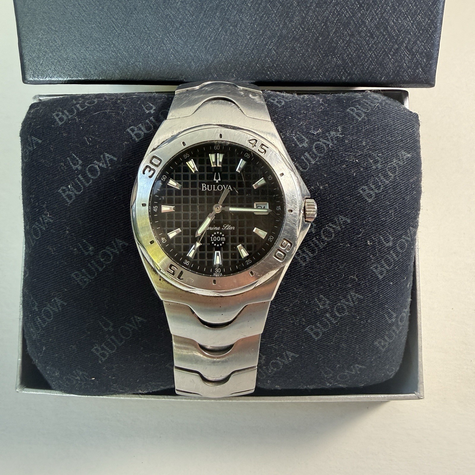 Bulova Marine Star Mens 38mm Blk Dial Silver Tone Date 96G14 New Batt, Full Kit