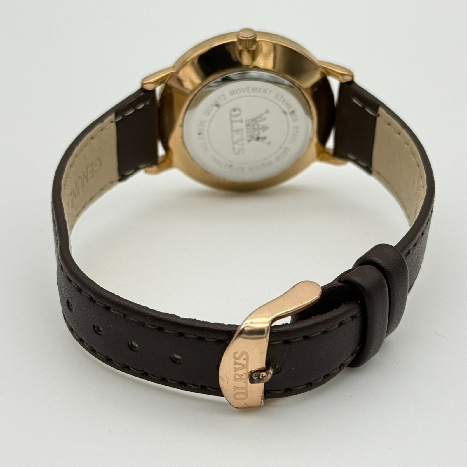 Women’s OLEVS Gold Tone 33mm Classic White Dial Watch, Brown Leather, Date 5869