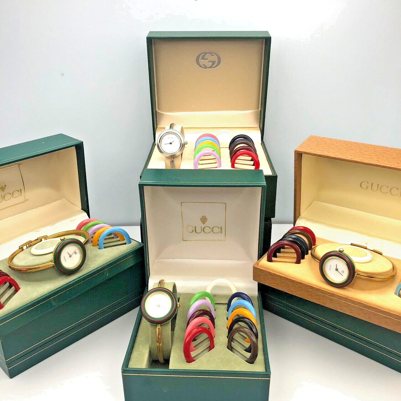 Auth Gucci Change Bezel Watch 12 Colors Quartz Gold Silver Vintage
