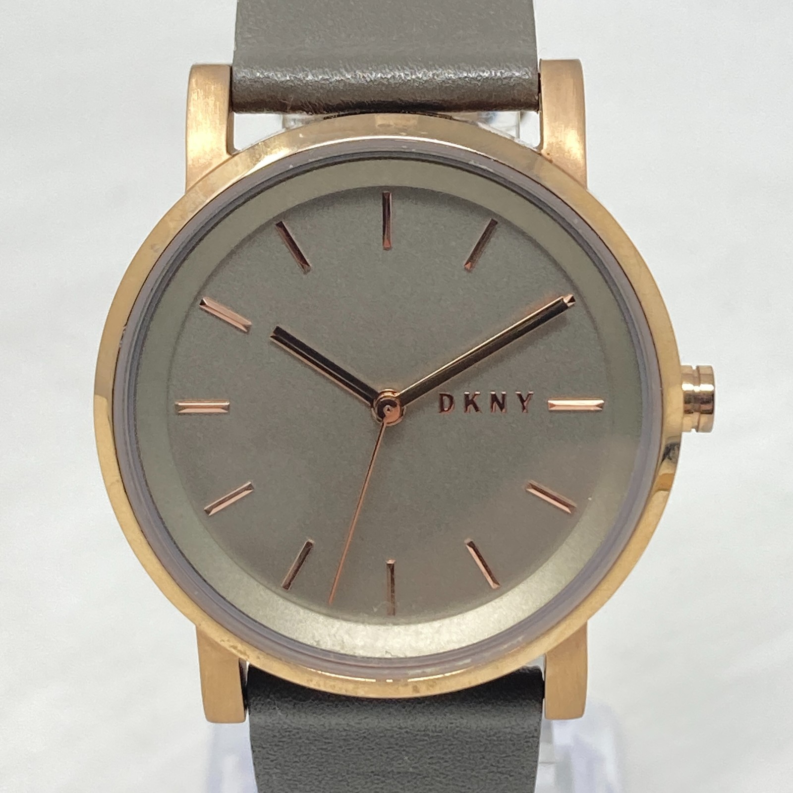 DKNY Watch Women 34mm Rose Gold Tone Gray Leather Band 50M WR New Battery 8.75″